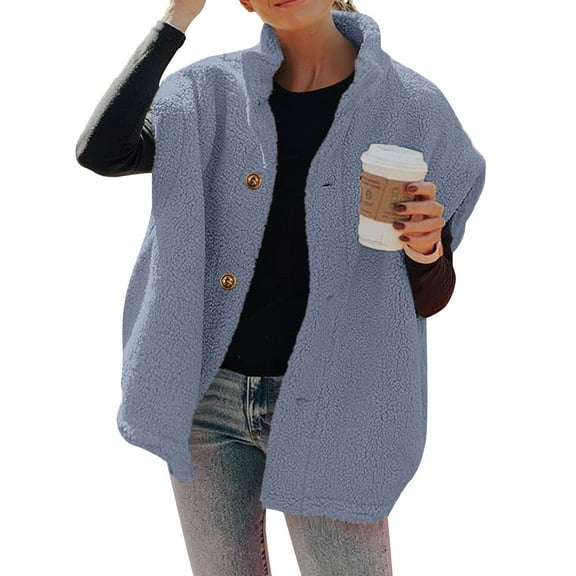 Huankd Womens Fuzzy Fleece Vest Casual Oversized Warm Button Down Sherpa Vest Jacket with Pockets Blue 2XL