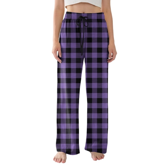Huankd Womens Pajama Pants Plaid Stretch Comfy Lounge Pants Drawstring Waist Sleep Bottoms with Pockets Purple 2XL