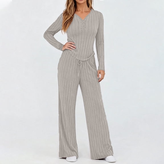 Huankd Womens Pajama Sets 2 Piece Lounge Pajamas Sets Casual Ribbed Knit Long Sleeve Matching Set Khaki 2XL