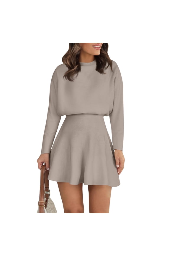 Womens Skirt 2 Piece Sweater Set Long Sleeve Crewneck Sweaters Pleated Mini Skirt Knit Lounge Sets Khaki M