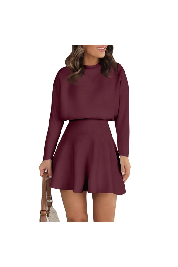 Womens Skirt 2 Piece Sweater Set Long Sleeve Crewneck Sweaters Pleated Mini Skirt Knit Lounge Sets Wine M