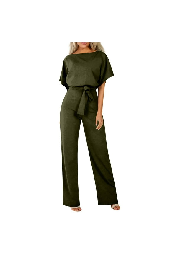 Womens Summer Casual Short Sleeve Pants Suit Beach Vacation Romper Belted Dressy Wedding Guest Jumpsuit Jumper Army Green L