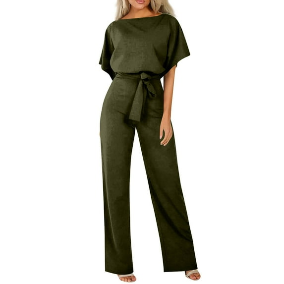 Huankd Womens Summer Casual Short Sleeve Pants Suit Beach Vacation Romper Belted Dressy Wedding Guest Jumpsuit Jumper Army Green S