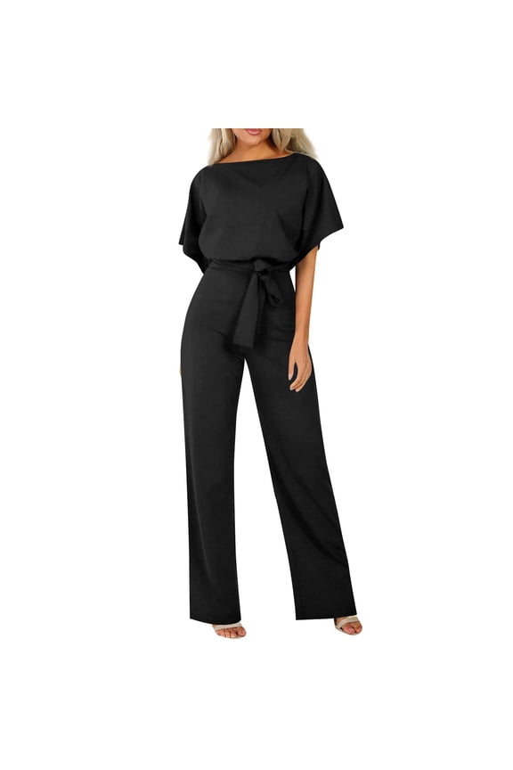 Womens Summer Casual Short Sleeve Pants Suit Beach Vacation Romper Belted Dressy Wedding Guest Jumpsuit Jumper Black M