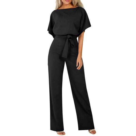 Huankd Womens Summer Casual Short Sleeve Pants Suit Beach Vacation Romper Belted Dressy Wedding Guest Jumpsuit Jumper Black S