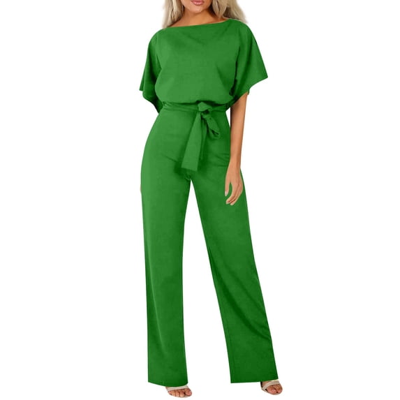 Huankd Womens Summer Casual Short Sleeve Pants Suit Beach Vacation Romper Belted Dressy Wedding Guest Jumpsuit Jumper Green S