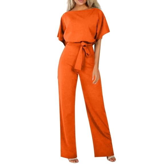 Huankd Womens Summer Casual Short Sleeve Pants Suit Beach Vacation Romper Belted Dressy Wedding Guest Jumpsuit Jumper Orange L