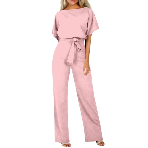 Huankd Womens Summer Casual Short Sleeve Pants Suit Beach Vacation Romper Belted Dressy Wedding Guest Jumpsuit Jumper Pink 2XL