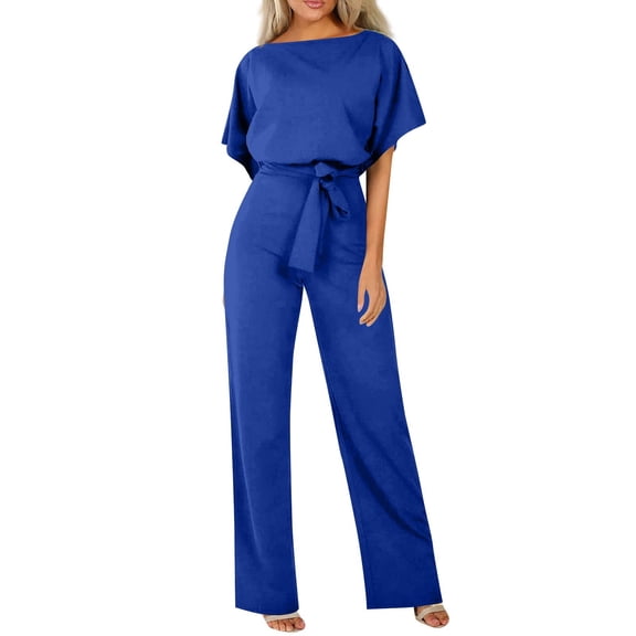 Huankd Womens Summer Casual Short Sleeve Pants Suit Beach Vacation Romper Belted Dressy Wedding Guest Jumpsuit Jumper Royal Blue 2XL