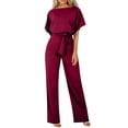 thumbnail image 1 of Huankd Womens Summer Casual Short Sleeve Pants Suit Beach Vacation Romper Belted Dressy Wedding Guest Jumpsuit Jumper Wine S, 1 of 5