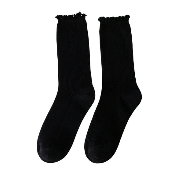 Huanledash 1 Pair Japanese Style Ribbed Solid Color Thermal Socks Spring Autumn Women Ruffle Cuffs Mid-Tube Socks