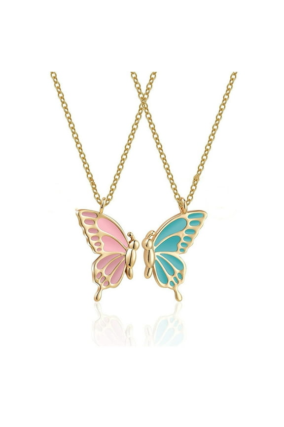 2Pcs/Set Friendship Necklace Meaningful Bright Luster All Match Adjustable Extension Chain Decoration Gift Best Friend BFF Sister Butterfly Pendant Necklace for Anniversary