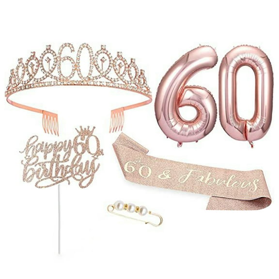 Huanledash 5Pcs/Set 10th 15th 25th 30th 40th 50th 60th Birthday Decoration Sweet Rhinestones Balloon with Charm Pin Birthday Cake Topper Tiara Crown Queen Sash Kit Party Supplies