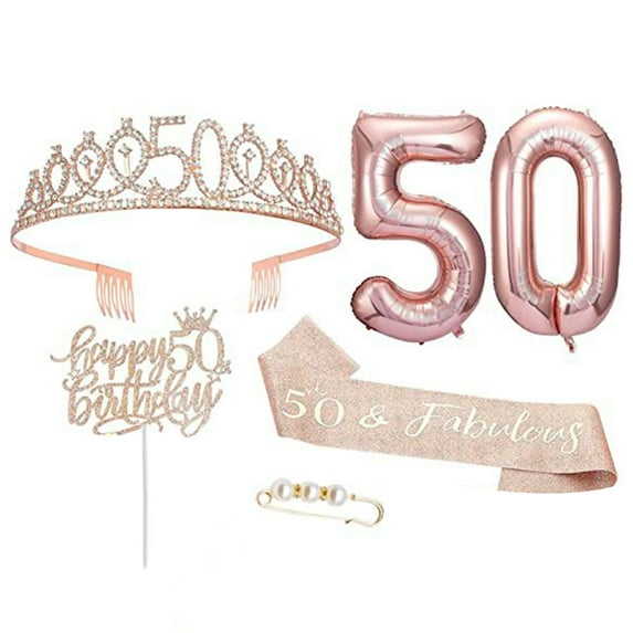 Huanledash 5Pcs/Set 10th 15th 25th 30th 40th 50th 60th Birthday Decoration Sweet Rhinestones Balloon with Charm Pin Birthday Cake Topper Tiara Crown Queen Sash Kit Party Supplies