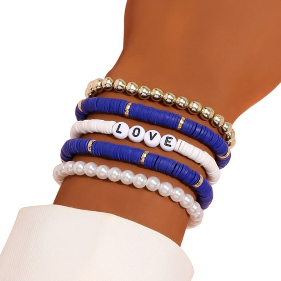 Huanledash 5Pcs Unisex Bracelets Colorful Bohemian Polymer Clay Love Letters Faux Pearls Bracelets for Party