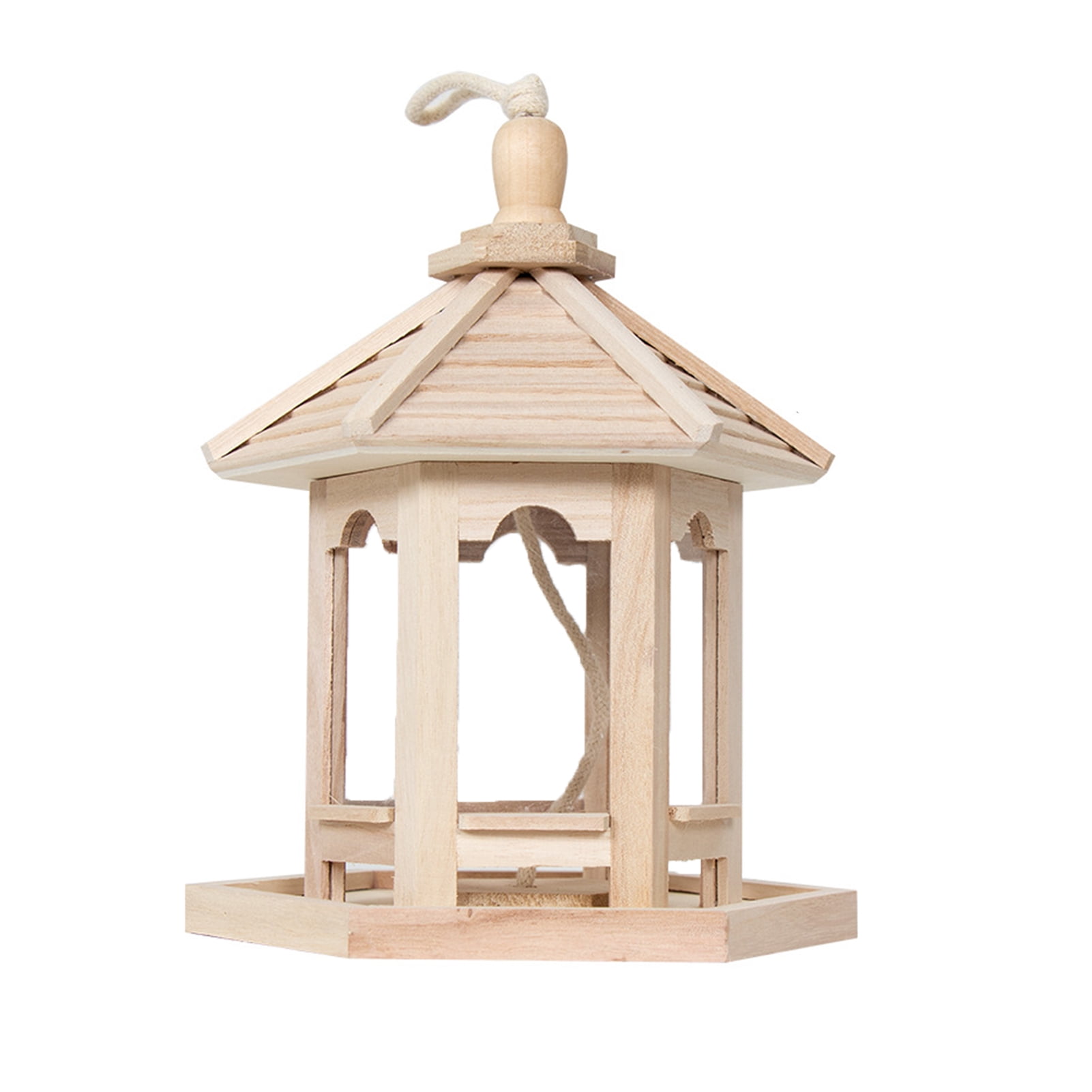 Huanledash Bird Feeder High Capacity Hexagon Shaped Roof Wood Creative Bird Nest for Garden