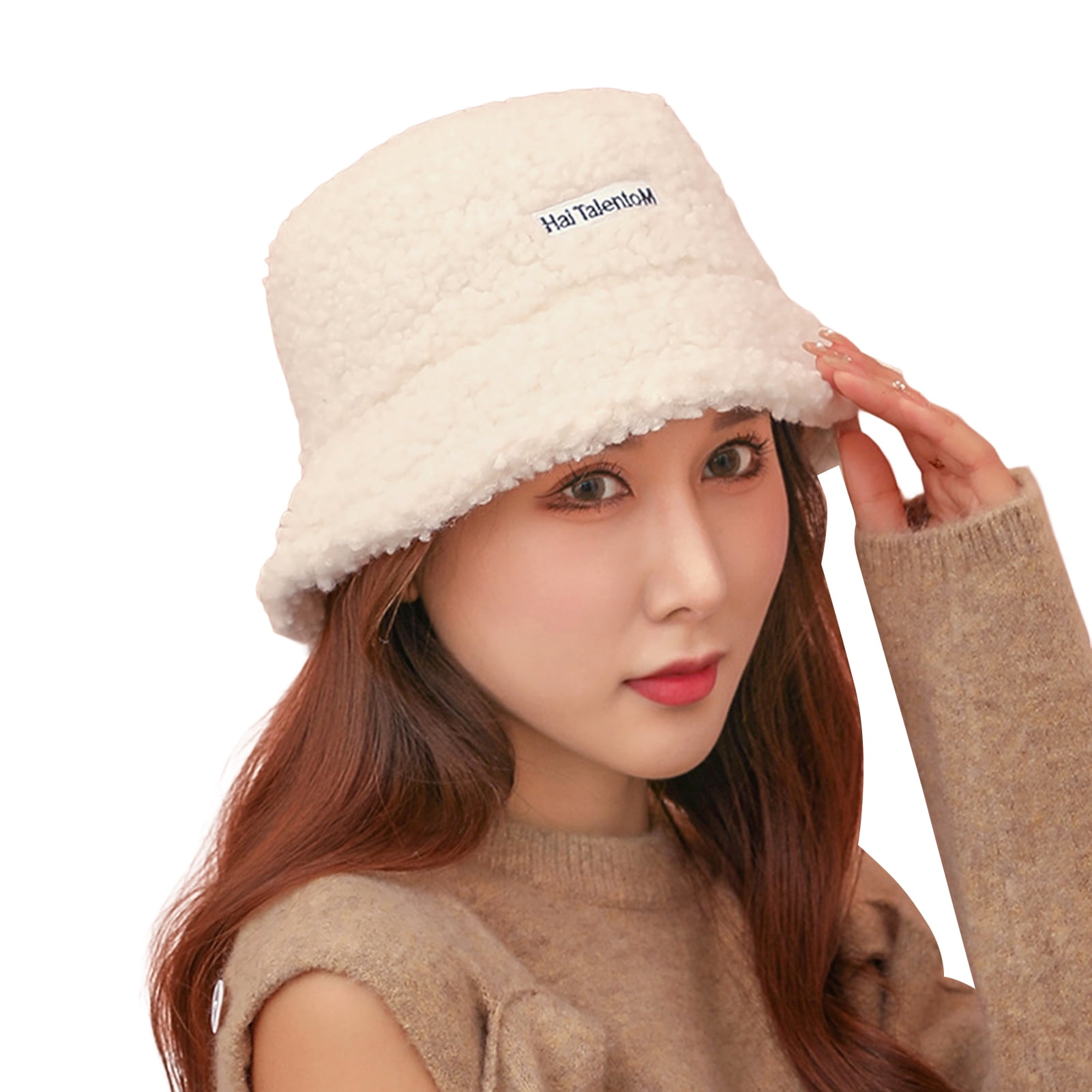 Huanledash Bucket Hat Fashion Letter Label Fluffy Japanese Style