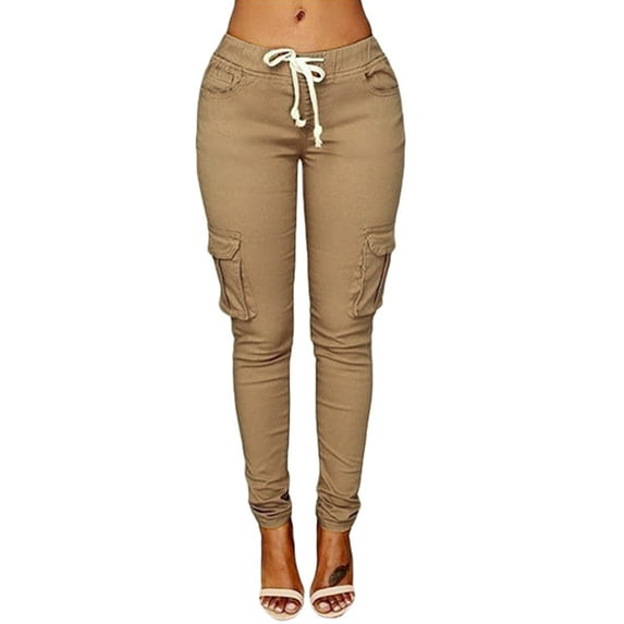 Huanledash Casual Women Solid Color Skinny Cargo Pants Pockets Drawstring Joggers Trousers