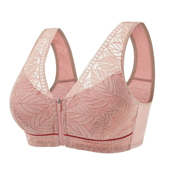 Huanledash Elderly Women Bra Lace Wide Shoulder Straps Front Zipper Wire Free Plus Size Lady Bras Daily Wear Clothes