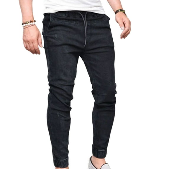 Huanledash Plus Size Men Jogger Skinny Pants Elastic Waist Pencil Jeans Denim Trousers