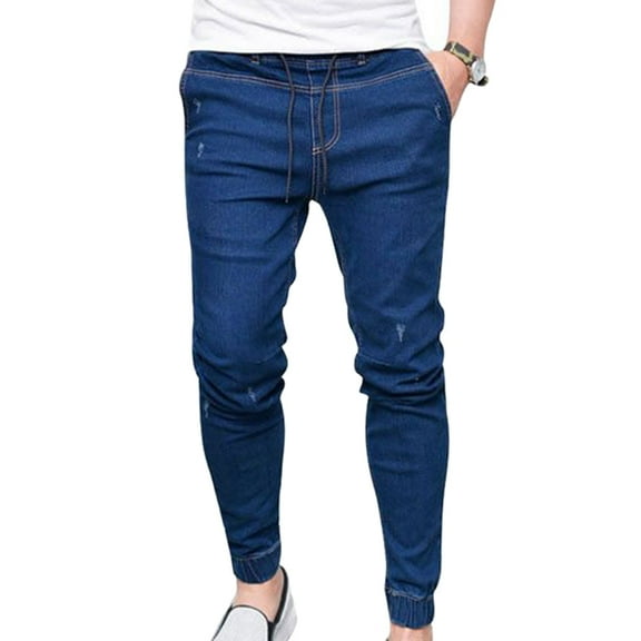 Huanledash Plus Size Men Jogger Skinny Pants Elastic Waist Pencil Jeans Denim Trousers