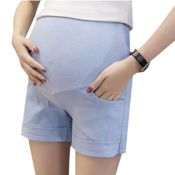 Huanledash Summer Solid Color Pregnant Women Maternity Shorts Stretchy Abdominal Pants