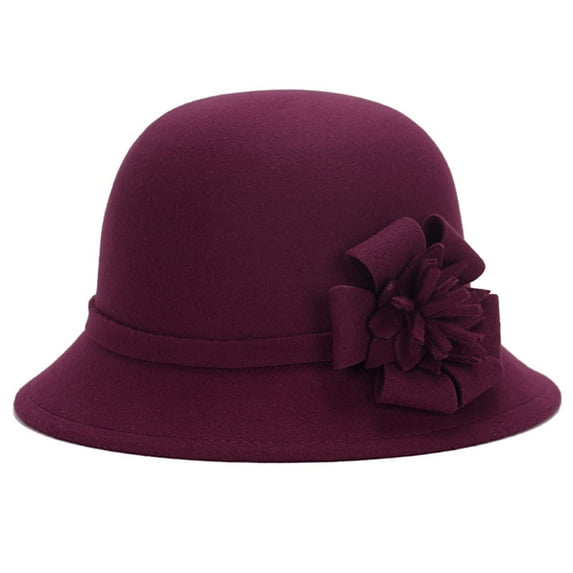 Huanledash Vintage Women Imitation Woolen Solid Color Flower Decor Bucket Hat Bowler Cap