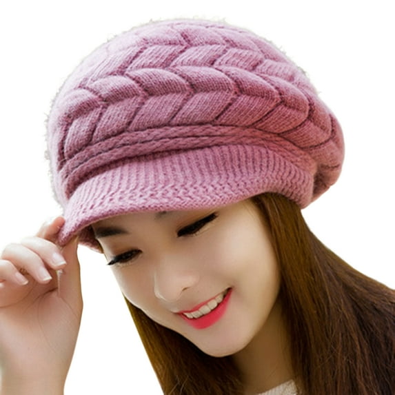 Huanledash Visor Beret Cap Peaked Slouchy Plush Lining Stretchy Plain Ears Protection Solid Color Autumn Winter Women Knitted Hat for Outdoor