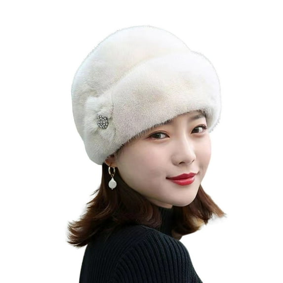 Huanledash Winter Hat Russian Faux Rabbit Fur Flower Decor Thickened Luxury Keep Warm Solid Color Autumn Winter Thermal Middle-aged Women Cap for Outdoor