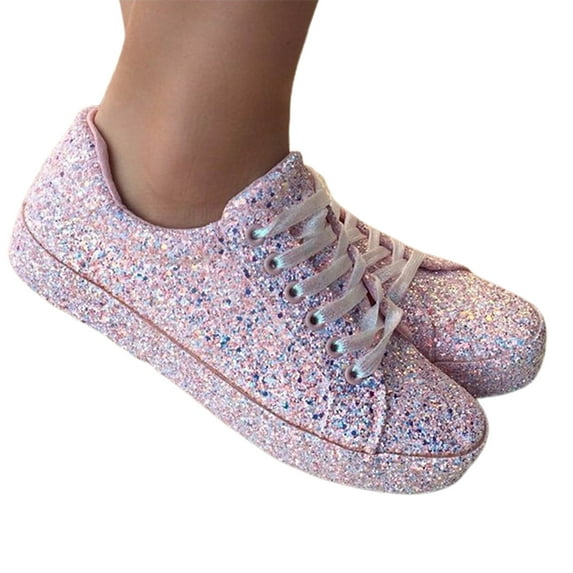 Huanledash Women Casual Bandage Plat Sequin Shiny Low Top Walking Loafers Shoes Sneakers