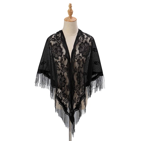 Huanledash Women Party Shawl Flower Embroidery Hollow Out Tassel See-through Solid Color Clothes Matching Cardigan Lightweight Summer Prom Scarf Lady Clothes