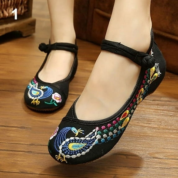 Huanledash Women's Chinese Old Peking Style Phoenix Flower Embroidered Flat Shoes