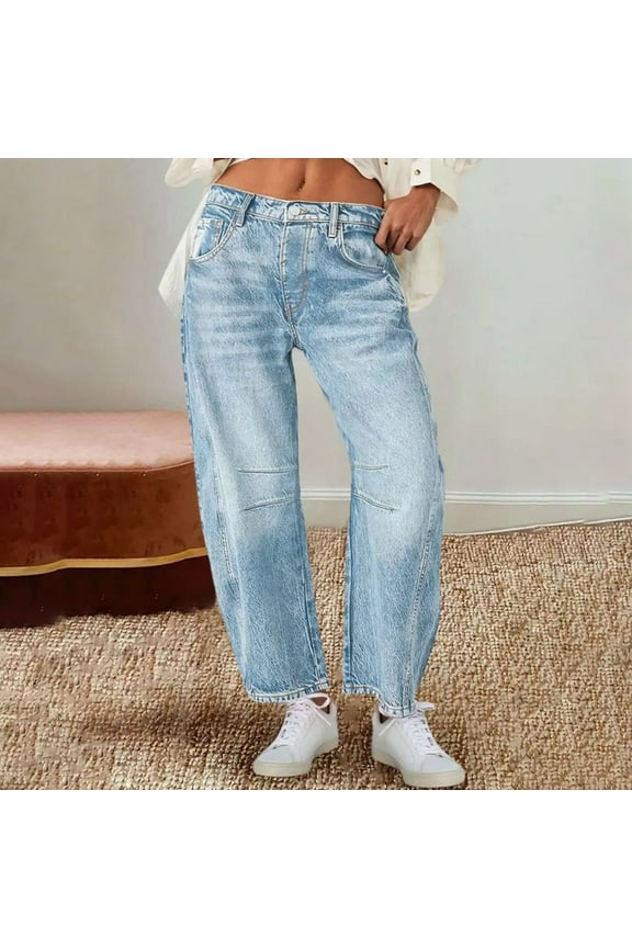 Mid Rise Barrel Jeans for Women Wide Leg Mid Waist Cropped Denim Pants Baggy Boyfriend Jeans with Pockets Super Straight Women Boot Cut Previously Viewed Denim Boot Cut Jean Pants for Women
