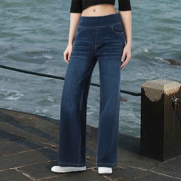 Huanyaaa Pull On Wide Leg Jeans for Women High Waisted Stretchy Baggy Trendy Straight Leg Jeans Denim Pants Denim Waist M1 Denim Jean Pants for Women Jean Women plus Women Designer Pants plus Size