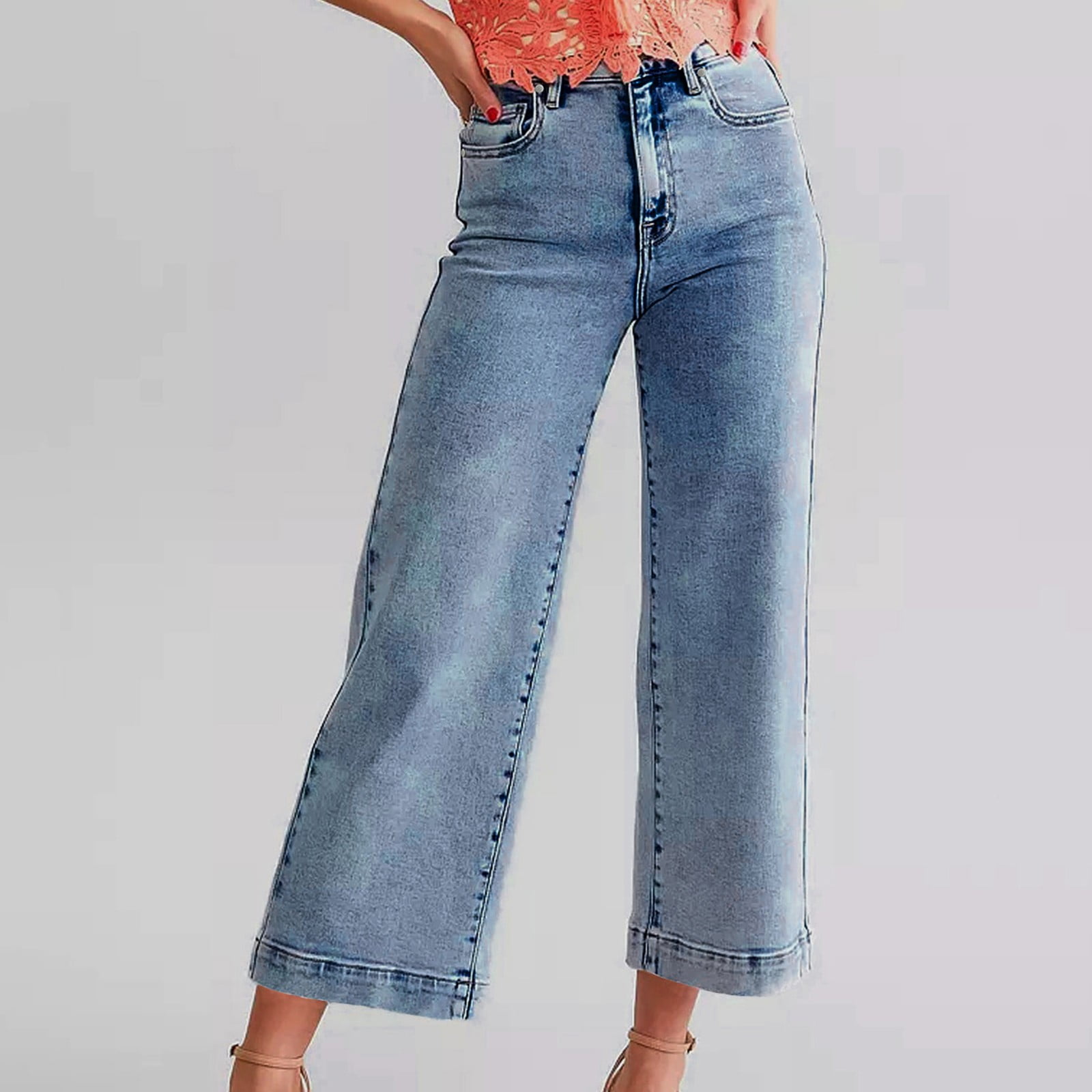High Waist Jeans Woman Classic Denim Wide Leg Pants Plus Size Stretch Slim Fit Straight Flare Pants