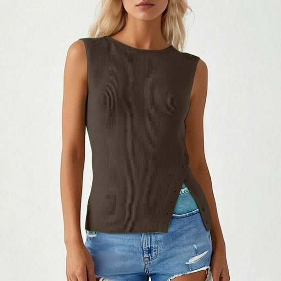 Huanyaaa Women's Asymmetric Button Side Slit Ribbed Sleeveless Boat Neck Knit Vest Boys Vest Sweaters Oversized Vests Women Lightweight Sweater Vest for Men Sweater Vests Boys Large Small Knit Vest