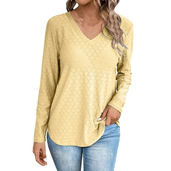 Huanyaaa Women's Casual Solid V Neck Long Sleeved Top Shirt for Women Womens Lightweight Long Sleeve Shirt Ladies Athletic Wear Womens Tees Short Sleeve Long Sleeves Shirt Long Exercise Shirts Women