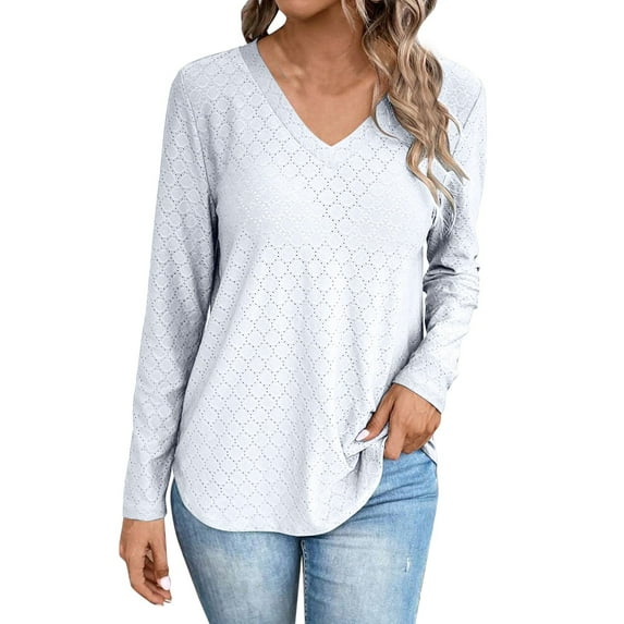 Huanyaaa Women's Casual Solid V Neck Long Sleeved Top Shirt for Women Womens Lightweight Long Sleeve Shirt Ladies Athletic Wear Womens Tees Short Sleeve Long Sleeves Shirt Long Exercise Shirts Women