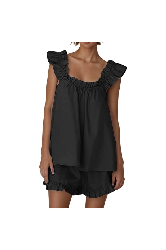 Women's Pajama Sets 2 Piece Outfits Sleeveless Sleepwear Ruffle Crop Top and Casual Shorts Loungewear Outfit Swim Short Bottoms for Women Bathing Suits Bigger Women Cute Summer Bikinis