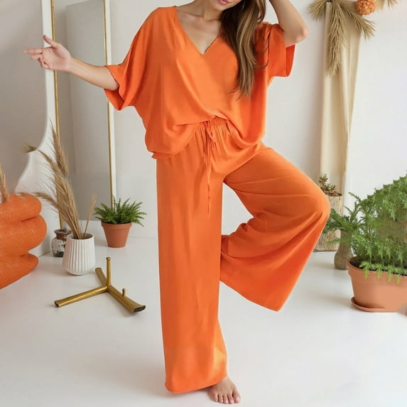 Huanyaaa Women's V Neck Trousers Suit Casual Long Pants Outfit Set for Daily Wear Comfortable Pull On Pants with Drawstring Stylish Pure Color Two Piece Ensemble Dressy Sweatsuits Petite Pant Suits