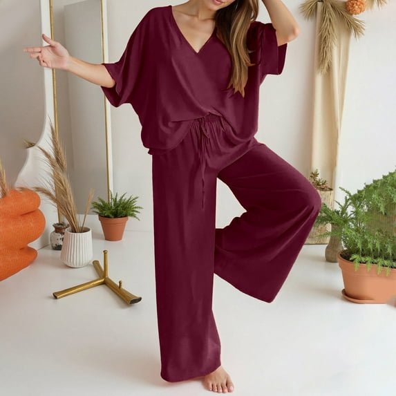 Huanyaaa Women's V Neck Trousers Suit Casual Long Pants Outfit Set for Daily Wear Comfortable Pull On Pants with Drawstring Stylish Pure Color Two Piece Ensemble Dressy Sweatsuits Petite Pant Suits