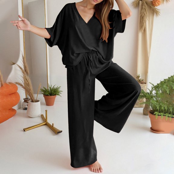 Huanyaaa Women's V Neck Trousers Suit Casual Long Pants Outfit Set for Daily Wear Comfortable Pull On Pants with Drawstring Stylish Pure Color Two Piece Ensemble Dressy Sweatsuits Petite Pant Suits