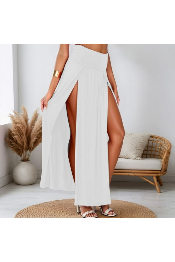 Womens Double Split Maxi Long Skirt Ladies Plain Basic Two Side Slit Bed Skirt Full Bed Fall Skirts Skirt Belt Hot Skirt Cage Skirt Suspender Skirt Women Flower Skirt Womens Mini Skirt Girls