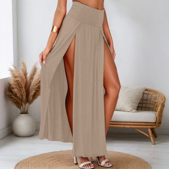 Huanyaaa Womens Double Split Maxi Long Skirt Ladies Plain Basic Two Side Slit Bed Skirt Full Bed Fall Skirts Skirt Belt Hot Skirt Cage Skirt Suspender Skirt Women Flower Skirt Womens Mini Skirt Girls