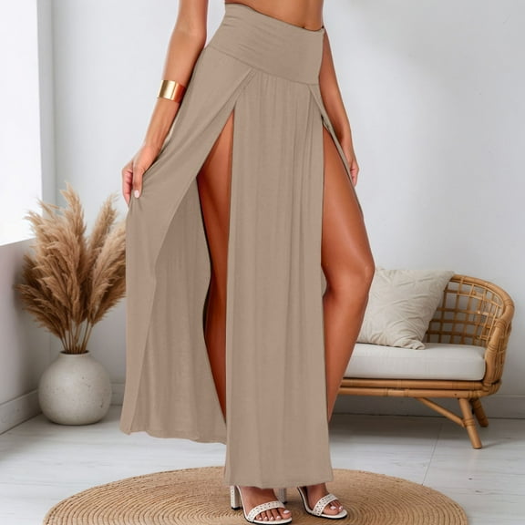 Huanyaaa Womens Double Split Maxi Long Skirt Ladies Plain Basic Two Side Slit Bed Skirt Full Bed Fall Skirts Skirt Belt Hot Skirt Cage Skirt Suspender Skirt Women Flower Skirt Womens Mini Skirt Girls