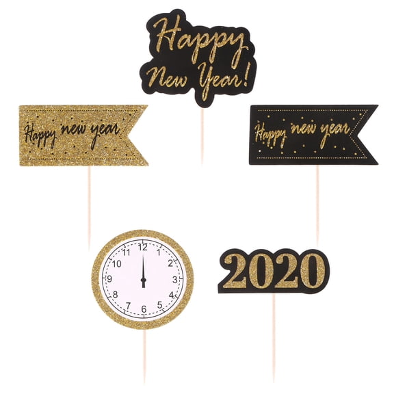 Huaq 2020 New Year Cake Toppers with Letter Flags and Time Toothpick Decorations, 5-Piece Set for Party Celebrations