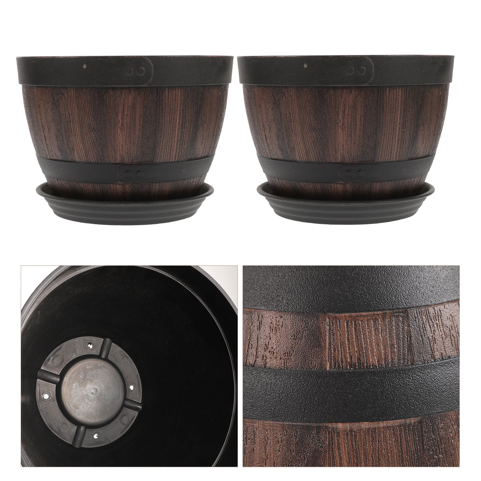 Huaqiet 2 Sets Imitation Wooden Planter Flower Pot Multi-functional Barrel with Saucers