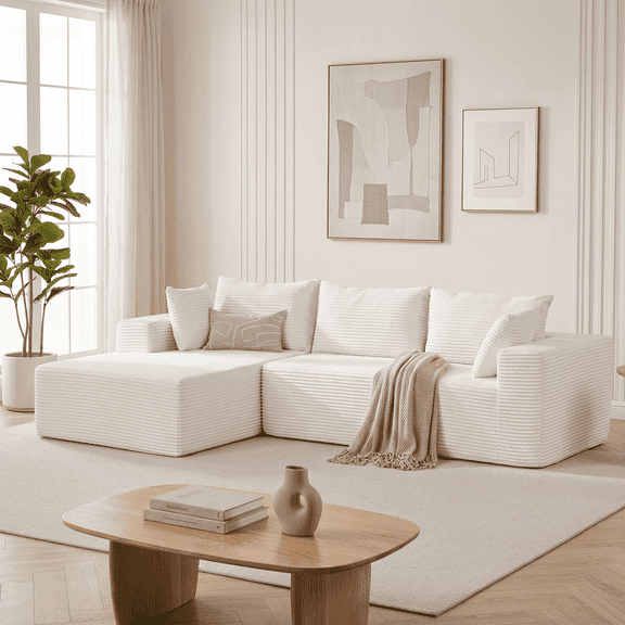 Huatean 110" Cloud Sectional Couch Boneless Sofa with Deep Seat, Free Assembly Modular Sectional Sofa L-Shaped (Left-Facing Chaise, Beige)