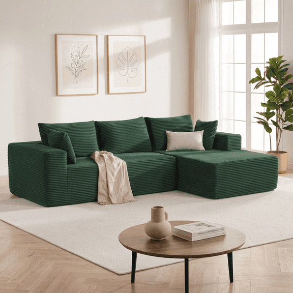 Huatean 110" Cloud Sectional Couch Boneless Sofa with Deep Seat, Free Assembly Modular Sectional Sofa L-Shaped (Right-Facing Chaise, Green)