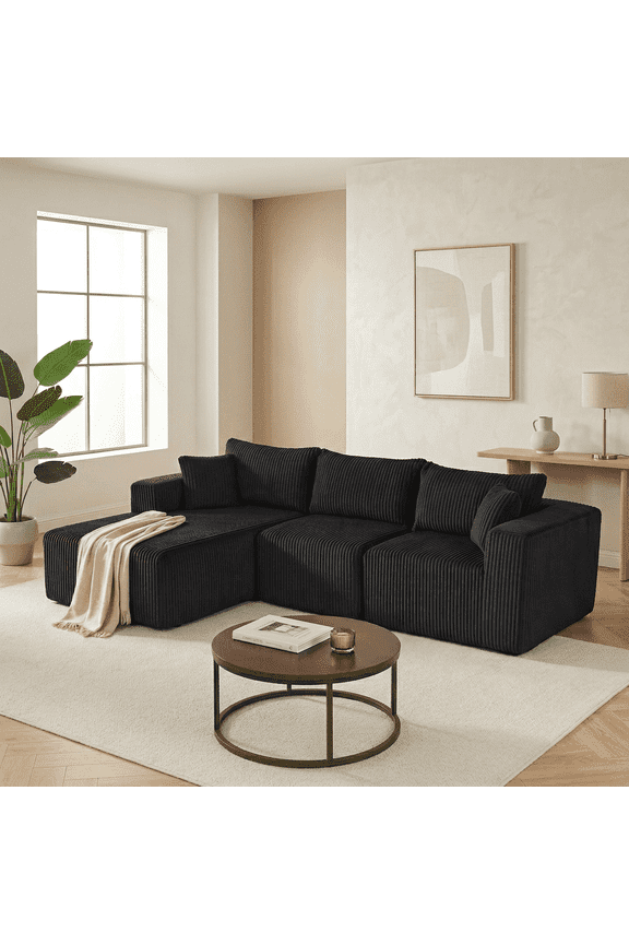 97" L Shaped Modular Cloud Sectional Sofa, Deep Seat Boneless Couch with Left Facing Chaise, Black